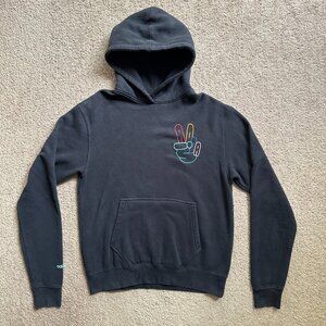 Adidas Sweatshirt Mens Small Pullover Hoodie Black Spellout Colorful Pockets